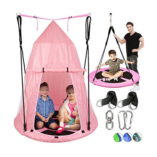 40” Hanging Tree Play Tent Hangout for Kids Indoor Outdoor Flying Saucer Floating Platform Swing Treepod Inside Outside House Canopy - Includes Hammock Pod Hang Kit and Swinging Swivel Spinner