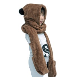 Girls Hat and Scarf Set Kids Thermal 3 in 1 Hooded Scarf Gloves Set Winter Hoodie Hat Mittens with Pockets Earflap Soft Plush Thick Long Scarf Gloves Lovely Winter Hat Gift for Children