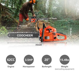 COOCHEER 62CC Gas Chainsaw 20 Inch, 3.5 HP 2-Stroke Chainsaw Gas Powered with Carrying Bag & Tool Kit, Chainsaws for Wood Cutting, Tree Trimming, Farm Use (Orange-Red)