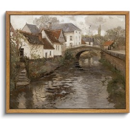 KBKBART Vintage Wall Art, Retro European Village Country Framed Canvas Art Prints Painting Farmhouse Decor, Rustic Impressionism Scenic Landscape Wall Decor for Bathroom, Bedroom Living Room, Vintage