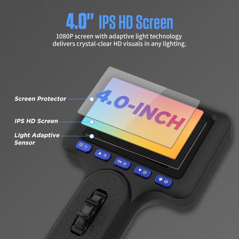 Articulating Borescope, 4 Inch HD Screen Endoscope Camera with Lighting,