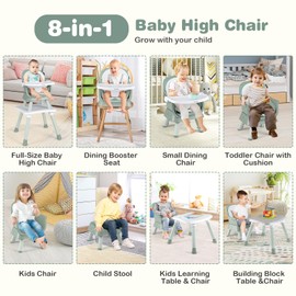 BABY JOY Baby High Chair, 8 in 1 Convertible Highchair for Babies & Toddlers | Booster Seat | Table and Chair Set | Building Block Table | Toddler Chair with Safety Harness, Removable Tray (Green)