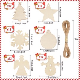 DLUSZERT 72 Pcs Wooden Christmas Decoration, 6 Different Shape Christmas Ornament for Craft, Natural Wood Slice with Hole and 10M String, Unfinished Wooden Baubles for Christmas Tree DIY Pendant