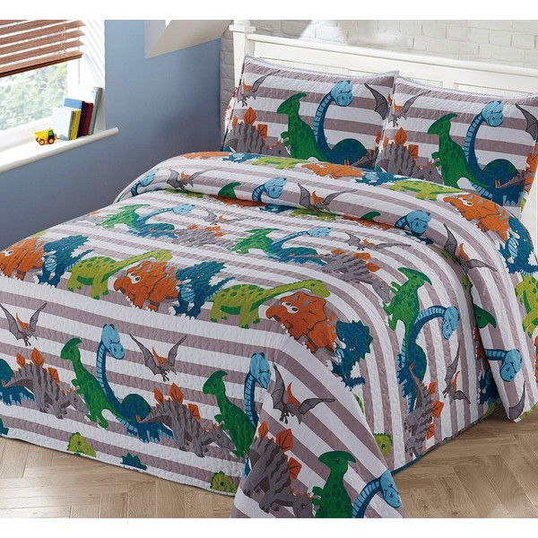 3pc Full/Queen Bedspread Coverlet Quilt Set for Kids Multi-Color Dinosaurs Stripe Quilt Grey Orange White Green Blue.