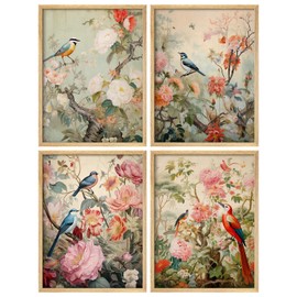 SIGNWIN Adhesive Canvas Poster Set Chinoiserie Bird and Flower Vintage Asian Inspired Floral Illustrations Modern Art Decorative Scenic Multicolor Nature Wilderness for Bedroom - 12"x16"x 4