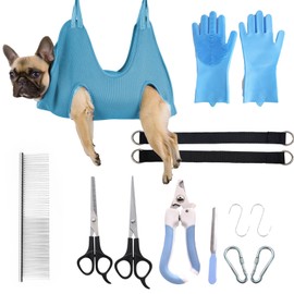 10-in-1 Pet Grooming Hammock Kit with Nail Clippers, Grooming Scissors, Steel Comb, Gloves & Adjustable Harness for Cats & Small to Medium Dogs. Perfect for Nail Trimming, Bathing & Grooming Care(S)