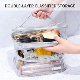 Sritob Bolsa de cosméticos Transparente,Neceser de Viaje Transparente Grande Double Laye - de Maquillaje Impermeable, Organizador de Bolsas de cosméticos para niñas, Bolsa de Viaje, Láser de plata