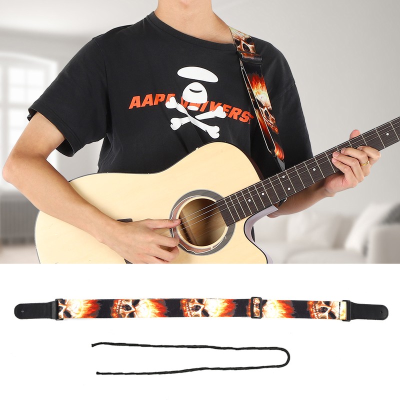 Leather Shoulder Strap Guitar Parts Flame‑Skull‑Pattern Print‑Type Adjustable Length