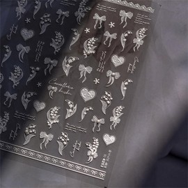 White Nail Art Stickers Decals 5D Embossed Nail Decals Bow Heart Flower Nail Stickers for Nail Art Self Adhesive Nail Design for Acrylic Nails White Nails Supplies for Women Girls