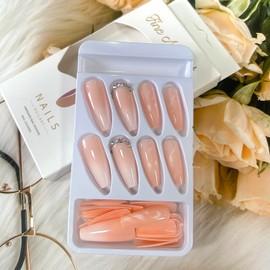 Press on Nails Medium Length, Square Fake Nails with Marbling 3D Glitter Rhinestones Design Artifical Acrylic Nails Full Cover Glossy Coffin False Nails Glue on Nails for Women DIY Sticke on Nails