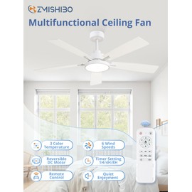 ZMISHIBO Ceiling Fans with Lights and Remote, 52 Inch White Modern, with 24W 2400LM High Bright LED Light, Quiet Powerful DC Pure Copper Motor for Bedroom, Kitchen, Living Room