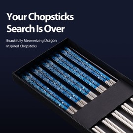 Hagary Dragon Chopsticks Metal Reusable Designed In Korea Japanese Style Stainless Steel 316 18/10 Non-Slip Dishwasher Safe Laser Etched (Blue - 5 Pairs)
