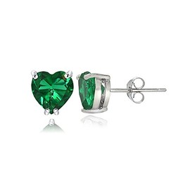 Sterling Silver Created Emerald 5mm Heart Stud Earrings