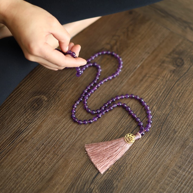 COAI 108 Mala Necklace Gemstone Hand Knotted Tassel, amethyst, Amethyst