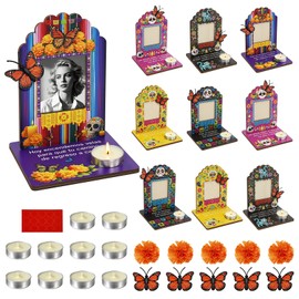 Dia De Los Muertos Decorations Picture Frames Set of 10 - Day of the Dead Altar Kit with Mini Sugar Skull, Marigold Flowers, Artificial Monarch Butterfly, Candle - Ofrenda Decor for Mexican Party Home Grave