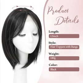 Megito Hair Topper 12inch Clip in Synthetic Hair Toppers for Women with Thinning Hair Lightweight and Breathable 6.5"X6.5" Big Base Toppers Hair Pieces for Women Daily Use Black