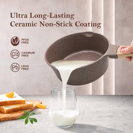 AIKENBBKK 2.3 Quart Ceramic Nonstick Saucepan with Lid, Small Sauce Pot with Pour Spouts for Multipurpose Use, milk Pan with Detachable Handle, Oven& Dishwasher Safe (Brown)