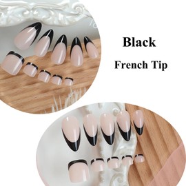 MERVF Almond Press on Nails Medium & Press on Toenails for Women Matching Set Black French Tip Acrylic Nail Kit Glue ons Glossy 48pcs Summer