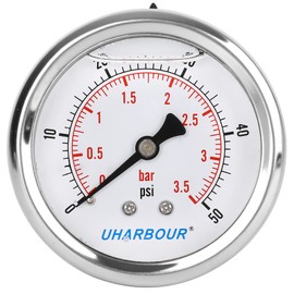 UHARBOUR Glycerin Filled Low Pressure Gauge 50psi/3.5bar, Stainless Steel case, Brass Inside Construction, 2-1/2" dial, 1/4"NPT Back Connection.…