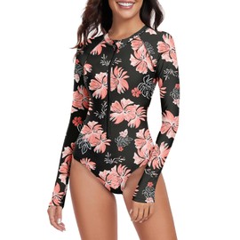 Century Star Long Sleeve Swimsuits for Women Rash Guard Swimsuit 2024 Surfing Modest Swimsuit One Piece Full Coverage High Neck Athletic Zipper Floral Printed Bathing Suit Swimwear Pink Printed 0-2