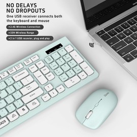 Wireless Keyboard and Mouse Combo, Full-Sized Wireless Keyboard and Adjustable DPI Mouse, 2.4GHz USB Receiver, Wireless Keyboard and Mouse for PC, Windows, Desktop, Laptop（Mint Green）
