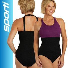 Sporti Women Tummy Control One Piece Swimsuit, Unique Textured One Piece Slimming Bathing Suits, Athletic Women Swimwear - High Neck Colorblock - Black/Amethyst - 12