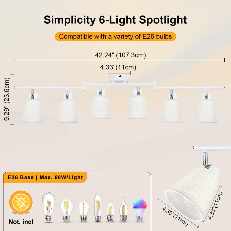 LTBLIGHT 6-Light Track Lighting Fixture, Adjustable White Ceiling Spots with