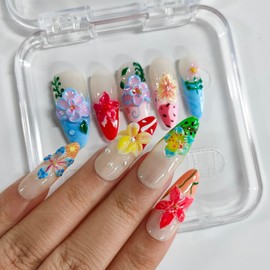 Handmade Press on Nails Almond Long 3D Floral French Tip Thick Acrylic Fake Nails Aesthetics False Nails with Flower Pearls Designs Tropical Sturdy Nail Art Press on Nails 10Pcs(M)