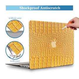 KEROM Crocodile Case for MacBook Air 13 Inch M4 2025 2024-2022 M3 M2 A3240 A3113 A2681, Aligator Skin Snakeskin PU Leather Hardshell Case & Keyboard Cover for MacBook Air 13.6 Inch, Yellow