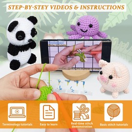 Crochet Animal Kit – 6 PCS Crochet Kit for Beginners, Kids Knitting Beginners Kit with Step by Step Videos, Yarn, Crochet Hook, Knitting Kit for Beginners, Great Birthday Holiday Gift (Crochet 1)