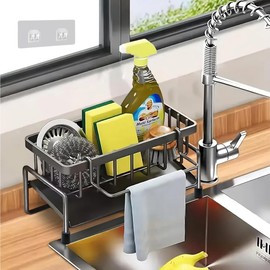 Makenrry Sink Organizer, Kitchen Organizer, Sink Scrubber Holder, Sponge Holder with Non-Slip Suction Cups, Ideal for Kitchen Accessories, Useful for Kitchen and Bathroom (Grey)