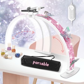 Lokshun Half Moon Light for Nail Desk, Foldable 29" Nail Light for Desk, 180° Ultra-Bright Nail Tech Desk Lamp, Portable Half Moon Lamp with Phone Holder & Organizer Bag - Pink Diamond