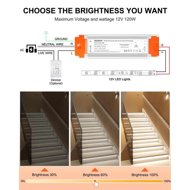 VEURCHY 120W 12v Dimmable LED Driver, Triac LED Dimmable Transformer