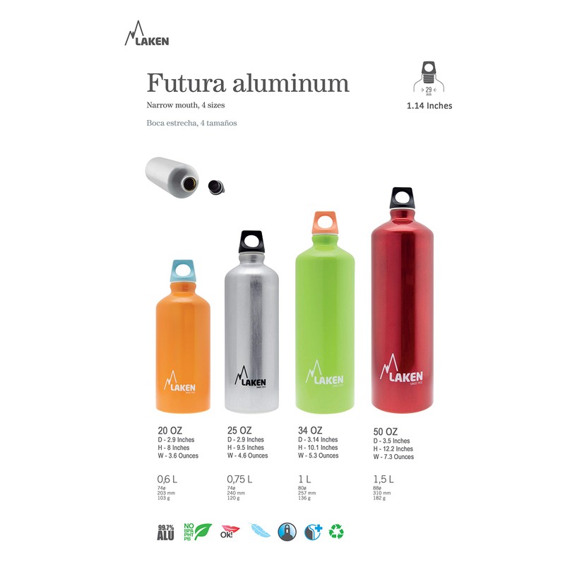 Laken Futura bottle with Screw Cap, Ring and Narrow Mouth,