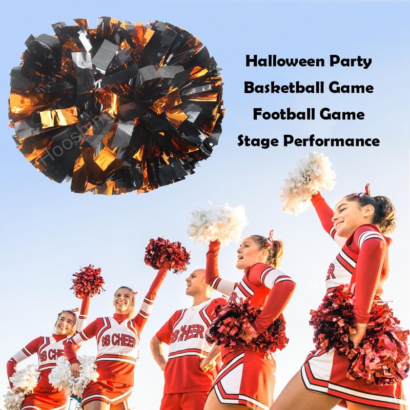 Hooshing 2PCS Black and Orange Pom Poms Cheerleading Metallic Pompoms