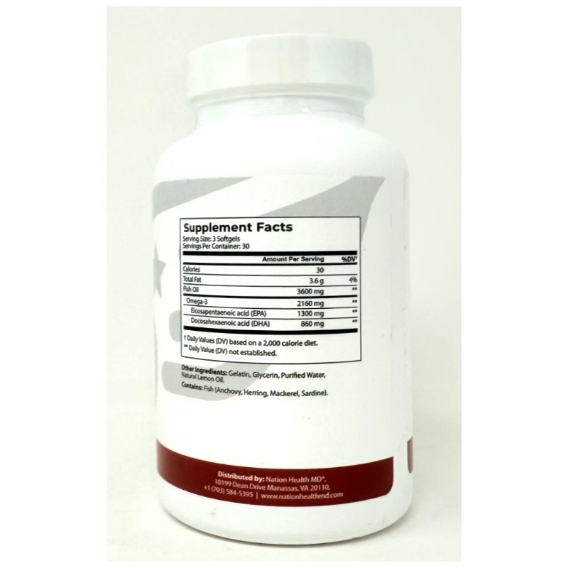 Nation Health MD Omega-3 - Heart, Brain, Vision Supplement, 90