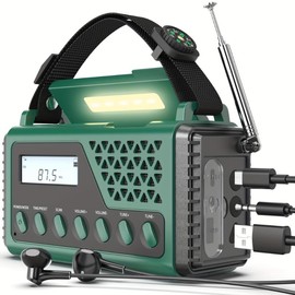 Hand Crank Emergency Weather Radio With Solar Power, USB Type-C Charging, SOS Alarm, Flashlight And LED Reading Light, Compass And Carrying Case For Camping Survival And Home Use - Color: green