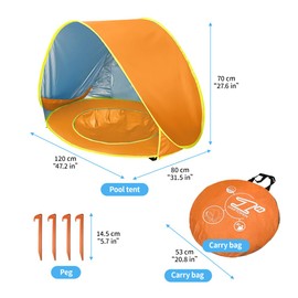 KBIBCK Beach Shelter Pop Up, Pop Up Beach Tent with UV Protection, Baby Beach Tent with Mini Pool, Portable Pop Up Baby Beach Tent with Carry Bag and Tent Stakes for Toddlers, Picnic, Garden (Orange)
