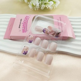 Press on Nails Short Fake Nails Cute Flower Acrylic Nails Press ons Square Shape Milky White False Nails Small Flowers Stick on Nails Short Artificial Purple Floral Nails for Women 24 Pcs