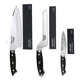Ergo Chef Pro Series 2.0, 6pc. Set, 8-In Chef knife, Off-Set Bread Knife, 4-In Paring Knife, 3 Knife Covers/Edge Guards, Forged High Carbon Stainless Steel, Ergonomic Black Pakkawood Handle