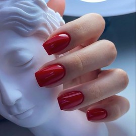 24PCs Press On Nails, Short Square Medium Shape, Solid Dark Color Fake Nails, Stick on Nails Glue on Nails Short Coffin False Nails (Red)