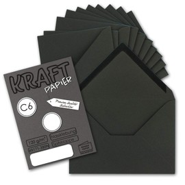 NEUSER PAPIER 50x Kraft paper envelopes DIN C6 black - 11.4 x 16.2 cm without window - Vintage envelopes with wet glue pointed flap -