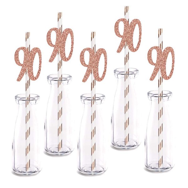 Rose Happy 90th Birthday Straw Decor, Rose Gold Glitter 24pcs Cut-Out Number 90 Party Drinking Decorative Straws, Supplies