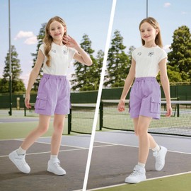 Rolanko Girls' Sports Shorts Kids Summer Midi Length Cargo Parachute Shorts for Teen Running Gymnastics, Purplepink, 13-14 years