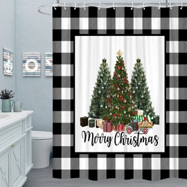 TYAKASHA Merry Christmas Shower Curtain Black White Buffalo Check Plaid Christmas Trees Truck Gift Waterproof Polyester Fabric Bathroom Decoration 72 x 72 Inches with 12 Hooks