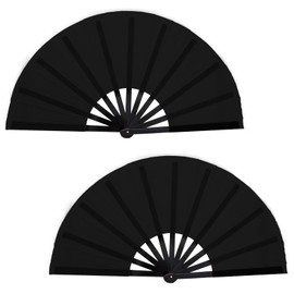 Nydotd 2 Packs Large Rave Fan Handheld Folding Fans Nylon Cloth Foldable for Men Women Performance Line Dance Chinese Kung Fu Tai Chi Decorations Festival Party Gift (Black)