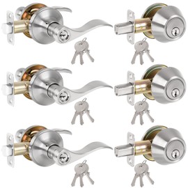 3 Pack Keyed Alike Front Door Lever Lockset with Single Cylinder Deadbolt Combination Set, Front Door Locksets with Wave Style Lever, Front Door/Exterior Door Knob with Lock and Deadbolt, Satin Nickel