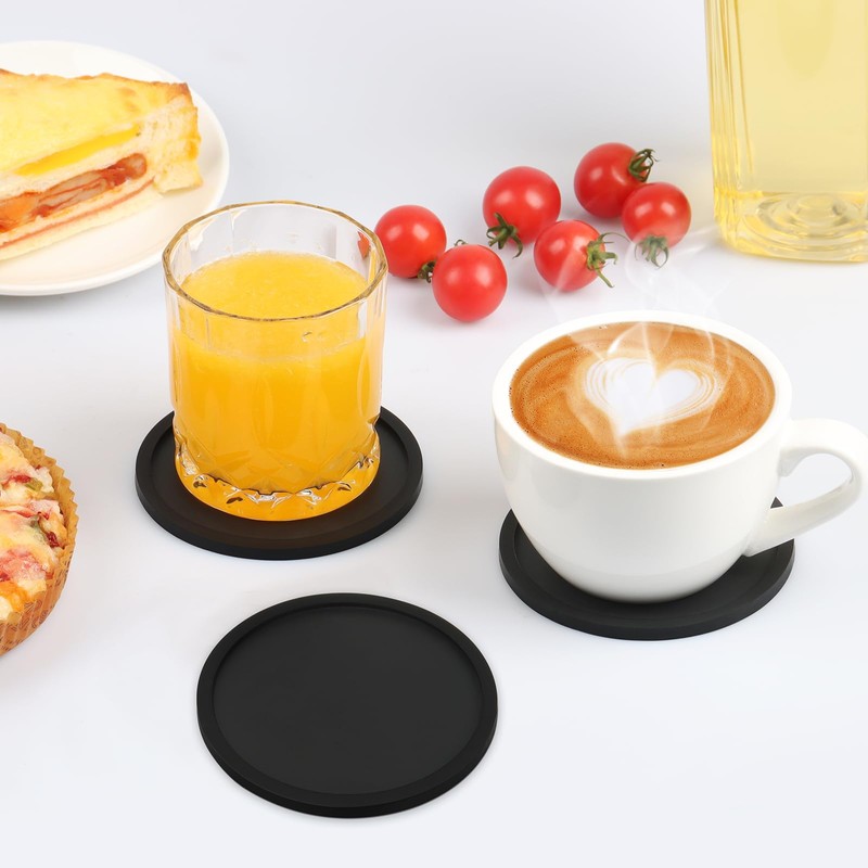 2 Pack Silicone Coasters for Drinks, Round Black Coasters with