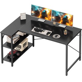 Huuger L Shaped Desk, 47 Inch Gaming & Home Office Desk with Reversible Storage Shelves, Metal Frame, Carbon Fiber Black