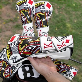 Golf Club Headcovers Poker Diamond King Stylish Embroidered Overflow Wood Cover Driver Fairway Wood Utility Hybrid Headcover with Number Tag Putter Cover Magnetic Closure Blade Putter Cover